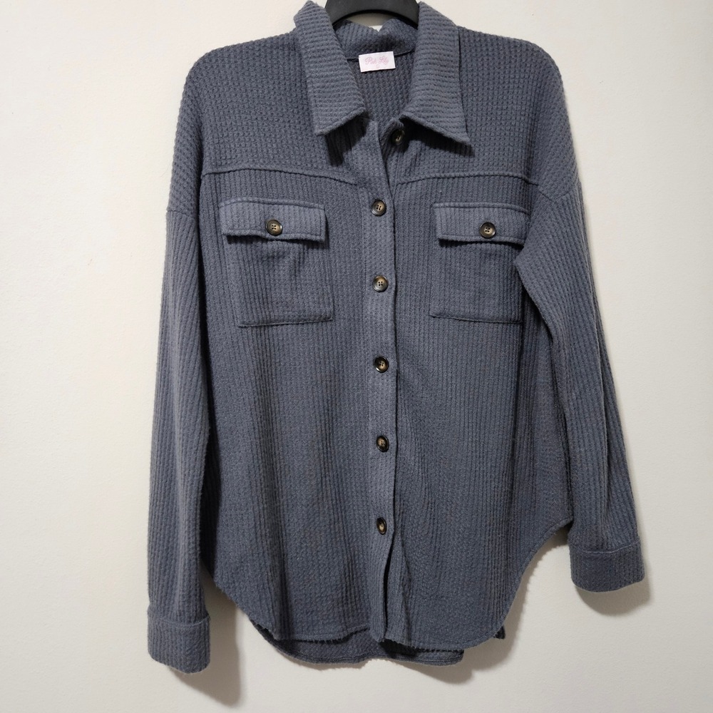 Pink Lily Womens Charcoal Gray Waffle Knit Shacket Button Front Shirt Jacket L